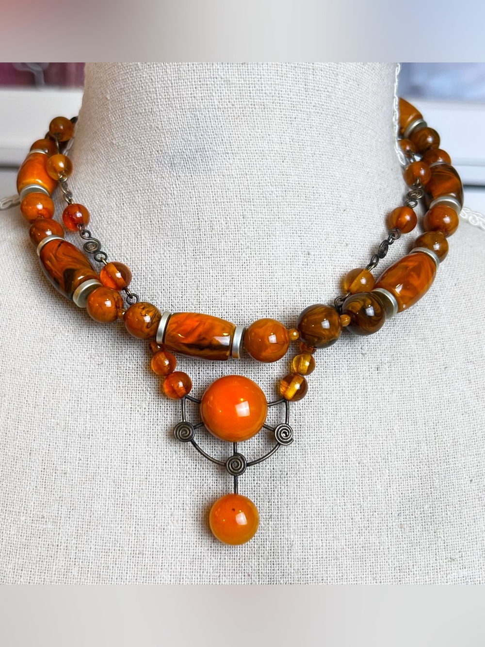 💝2/20$ Two Vintage Amber-Tone Bead Necklaces Retro Statement Earthy 70s Stack